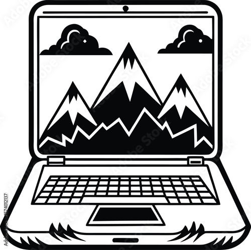 Laptop placed on mountain top symbolizing technology and success