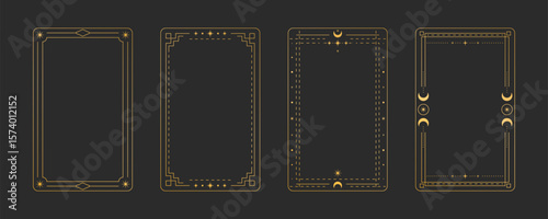 Golden tarot card frame set with mystical symbols - ornate rectangular borders decorated with stars, moons and celestial elements on black background for divination deck design, occult templates.