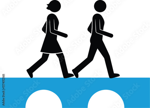 Stick figures walking across a blue bridge with arches on a white background art
