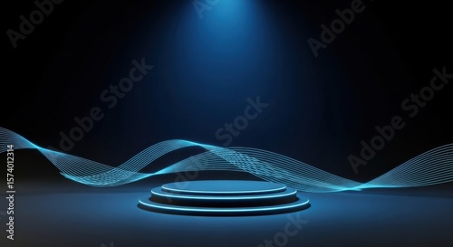 Futuristic Stage with Glowing Blue Waveform and Spot Light on Dark Background