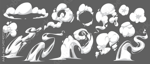 Cartoon smoke effects collection for comic design - white cloud puffs, swirling steam, explosive burst shapes, wind trails and motion vapor. Dynamic elements of flowing curves for action scenes.
