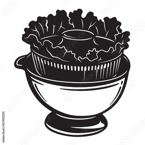 Black and white illustration of a bowl with salad and a colander for food preparation