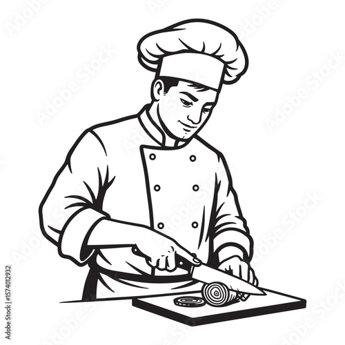 Professional chef slicing vegetables on a cutting board in a classic black and white illustration