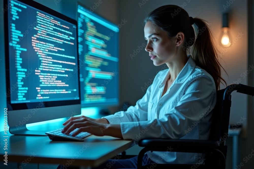 A futuristic image showing a woman in a wheelchair with a holographic medical coding spreadsheet displayed on her computer screen.