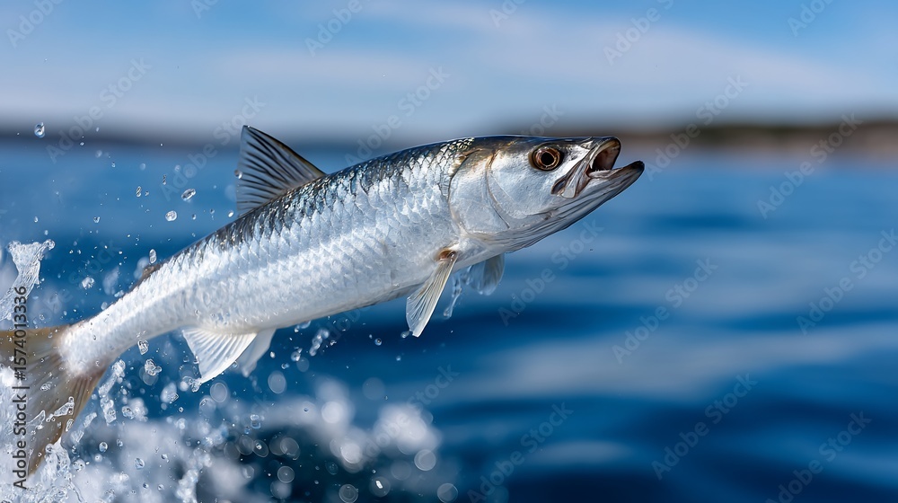 Obraz premium Leaping fish mid-air, above blue water, clear sky, distant shoreline background