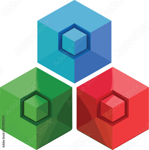 Three colorful cubes arranged in a pyramid shape with smaller cube cutouts on a white background