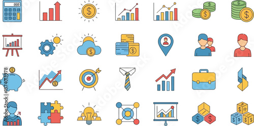 A collection of business and finance themed icons in a flat design style set up