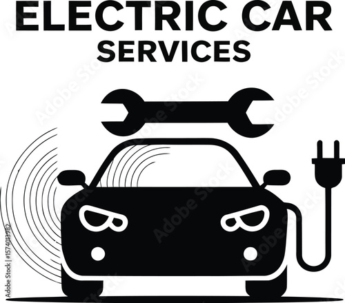 A black electric car with a wrench on top and a charging cable next to it on a light gray background
