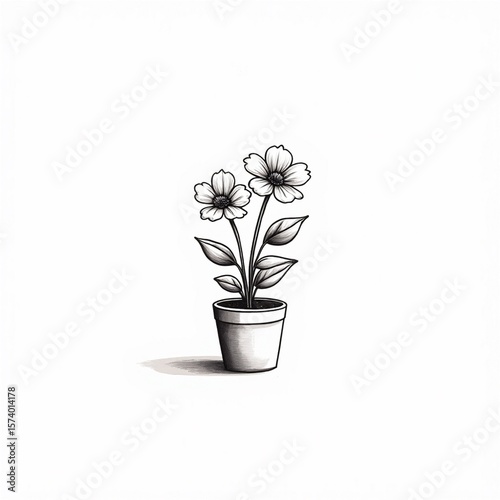 flower pot with blooming flowers using thin black line work