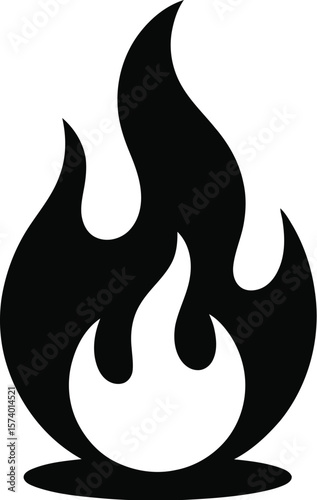 A simple black fire icon against a plain white background in a minimalist style illustration art