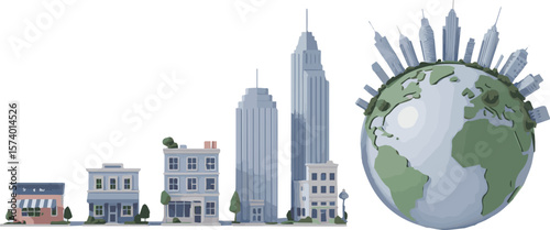 Visualize global growth and urban expansion with iconic cityscapes and the Earth