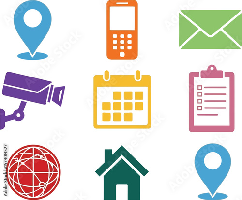 A collection of nine colorful icons arranged in a grid on a light background