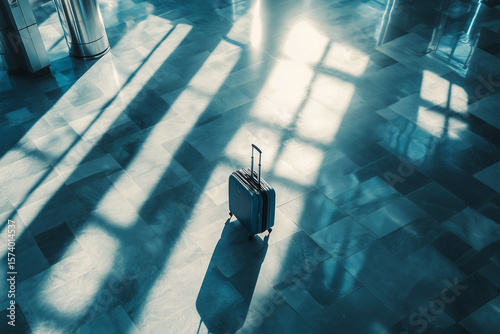 Lonely Suitcase in Sunlit Airport Hall. Single suitcase standing on a polished airport floor with dramatic sunlight and long shadows, symbolizing travel and solitude.