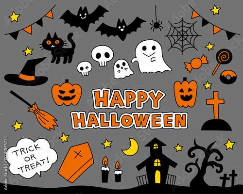 ハロウィンモチーフがたくさん入ったポップで可愛いイラスト ベクター