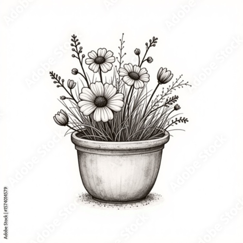flower pot with blooming flowers using thin black line work