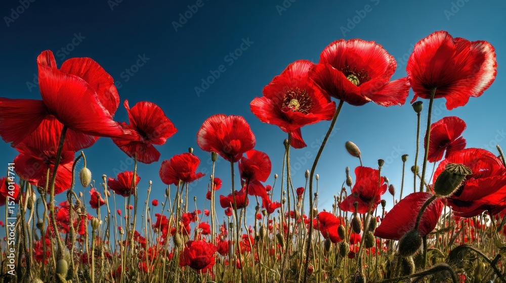 Obraz premium Red poppies in a field against a vibrant blue sky