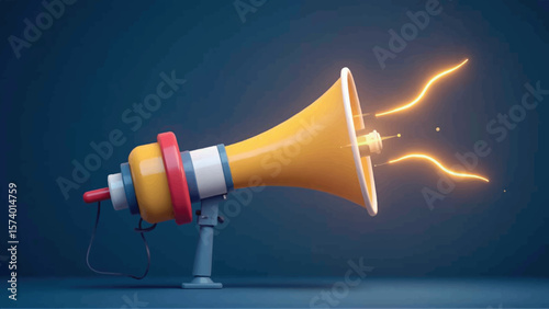 Marketing time concept,plastic realistic 3d megaphone, plastic loudspeaker with lightning. Vector illustrationMarketing concept. 3D cartoon megaphone with lightning. Marketing time concept. Vector 3d 