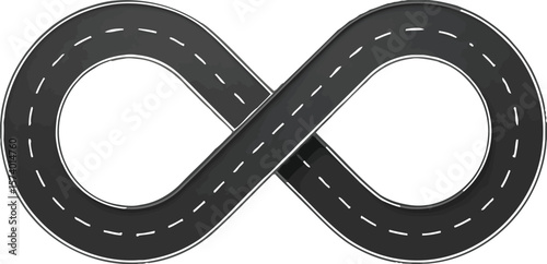 An infinity shaped road with white lane markings under a spotlight on a plain light gray background