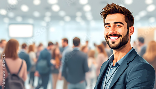 Smiling Young Man in Blue Blazer at Crowded Conference Event