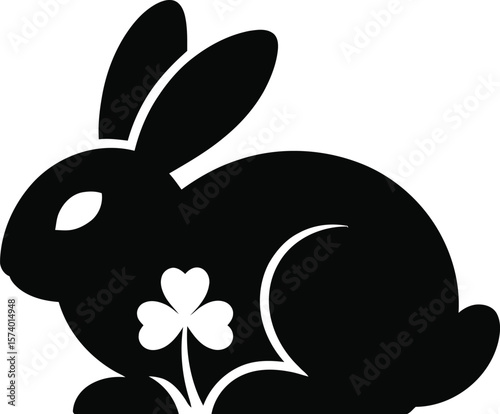 A black rabbit silhouette with a shamrock on a white background in a minimalist design style art