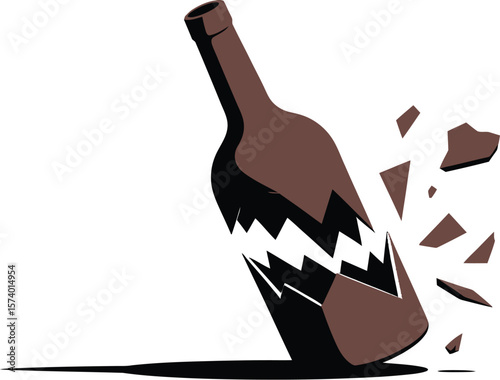 A stylized illustration of a brown glass bottle shattered with fragments floating against a white background