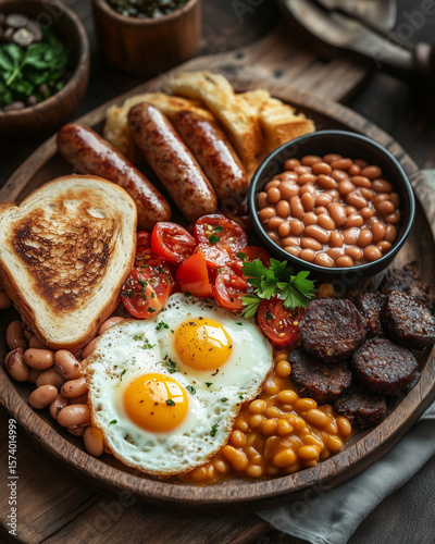 Traditional full English breakfast with fried eggs sausages baked beans toast and grilled tomatoes on wooden platter