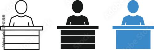 Three depictions of a person behind a counter in line art black and blue colors