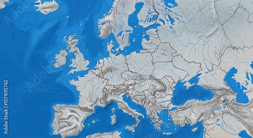 Detailed Terrain Map of Europe Showing Mountains Rivers and Coastlines