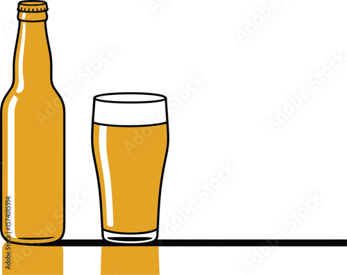 A simple illustration of a beer bottle and a pint glass filled with beer on a white background plain style