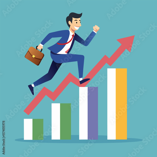 Vector art of a businessman in a suit with a briefcase runs up a red arrow on a bar graph with colorful bars, symbolizing upward financial momentum and business achievement