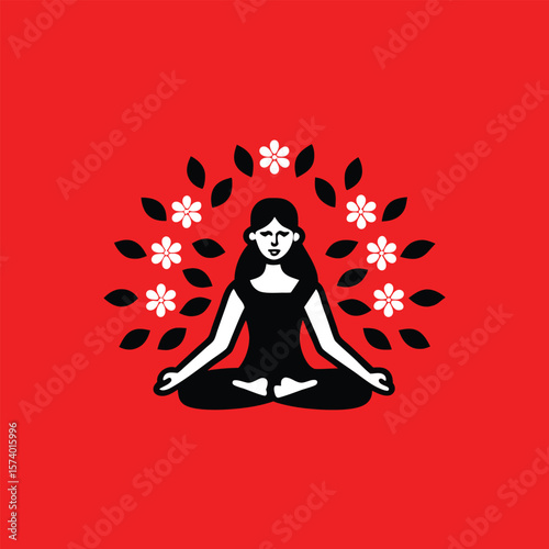 Vector art of a stylized black and white illustration of a woman in a meditative lotus pose, framed by white flowers and dark leaves against a bold red background