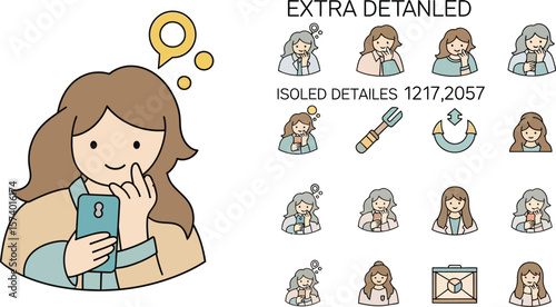 Illustration of a woman holding a phone with thought bubbles and other icons