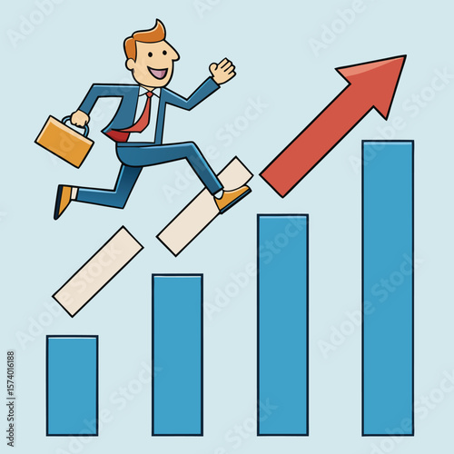 Vector art of a cheerful businessman with a briefcase joyfully runs up a red arrow on a blue bar graph, signifying advancement and positive business outcomes