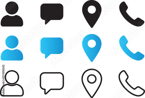set of icons for web,Collection of user chat location and phone icons in black and blue gradient