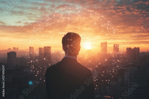 A man in a suit looks out over a city skyline at sunset with digital network connections overlayed