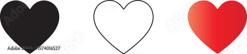 Three distinct heart shapes one solid black one outline and one red gradient