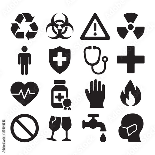 Medical and Hazard Safety Glyph Icon Set – Health, Biohazard, Warning Symbols Collection

