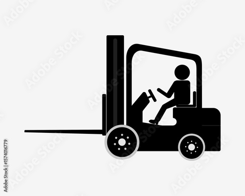 Silhouette Illustration of Forklift Truck with Driver Operating Industrial Vehicle in Warehouse or Factory