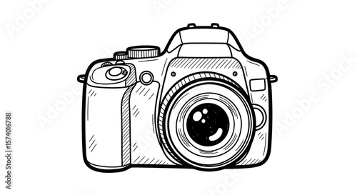 Detailed Black and White Hand-Drawn Digital SLR Camera Illustration