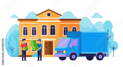 Delivery Service: Blue Truck, Packages, and Building