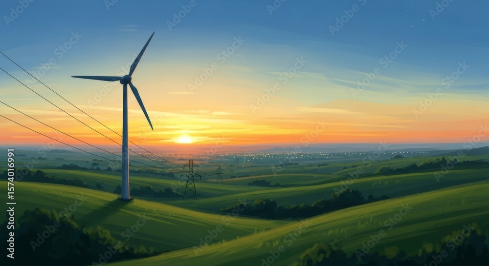 Fototapeta premium Wind turbine on green hills under an orange sunset sky with power lines and distant city view