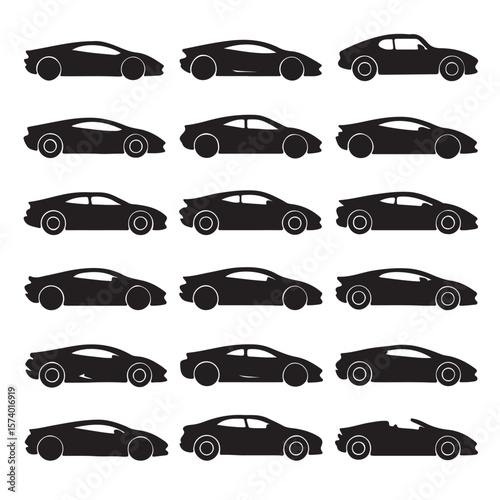 Set of black car silhouettes in vector 