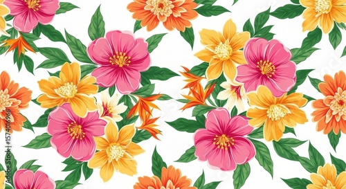 Wallpaper Mural A floral pattern with pink orange and yellow flowers and green leaves on a white background design art Torontodigital.ca