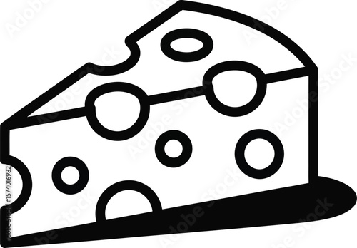A simple black and white line drawing of a wedge of swiss cheese with holes casting a small shadow