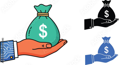 Illustrations of hand holding money bag with dollar sign in different colors
