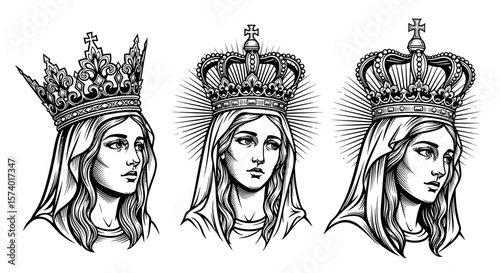 Three Black and White Illustrations of Crowned Women with Halos