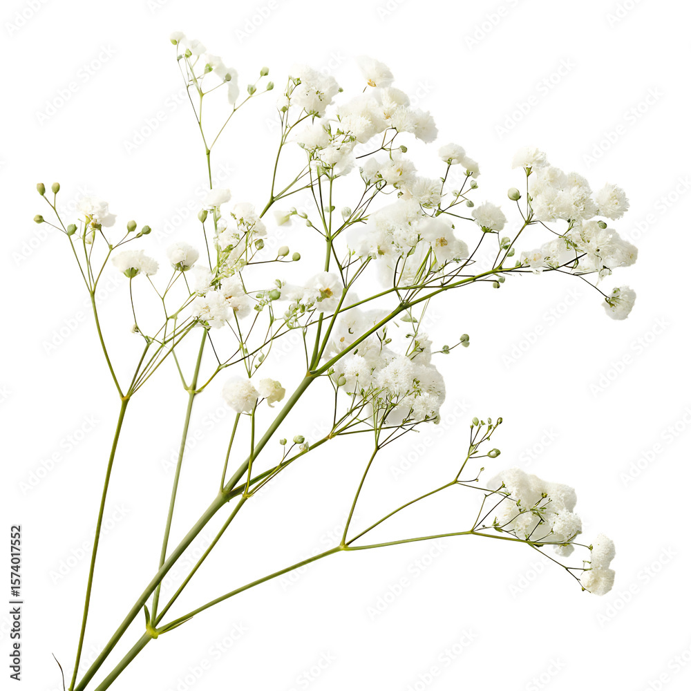 Obraz premium A beautiful and airy single sprig of tiny white baby's breath (Gypsophila) flowers isolated on a transparent background png