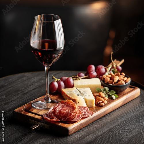 A delightful arrangement of red wine, cheese, salami, and grapes, ideal for a refined tasting.