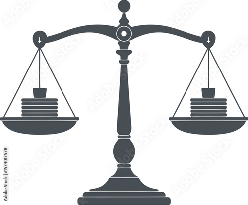 Illustration of a balance scale with stacks of coins on each side against a light gray background