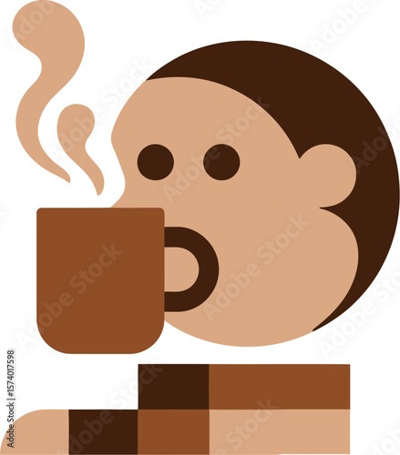 Illustration of a person drinking from a brown mug with steam rising on a light background color